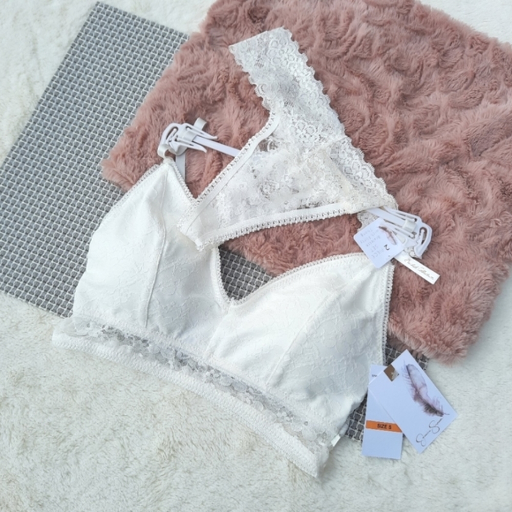 Jessica Simpson Bridal Set Wireless Bralette Lace Thong Underwear NEW White